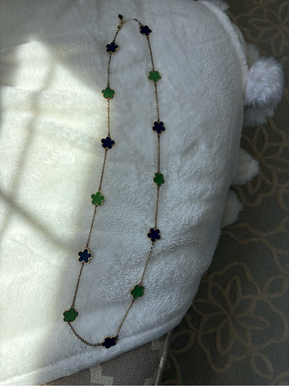 Gold-Tone Clover Station Necklace in Green and Navy